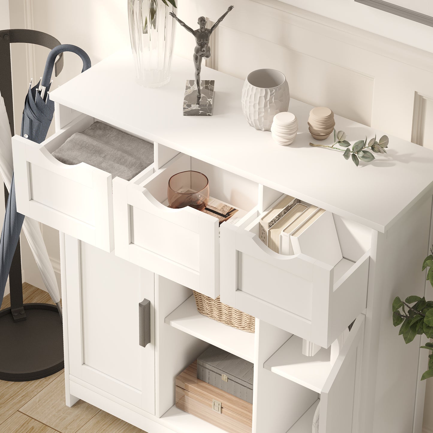 Viva Vanity Multi-Functional White Storage Cabinet with Adjustable Shelves and Drawers – Elegant Organizer for Living Room, Bedroom, and Bathroom