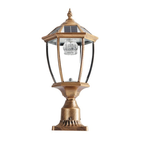 Vintage Gold Solar Pillar Headlight with Dimmable LED – Elegant Outdoor Lighting Solution