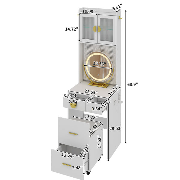 3-Drawer, 2-Door Dressing Table Set with Large LED Round Mirror โ Elegant & Functional Vanity for Your Beauty Space