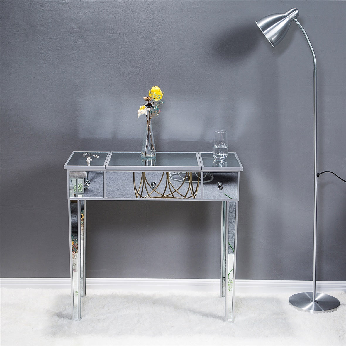 FCH Silver Computer Desk with Clamshell Mirror – Stylish & Functional Workstation