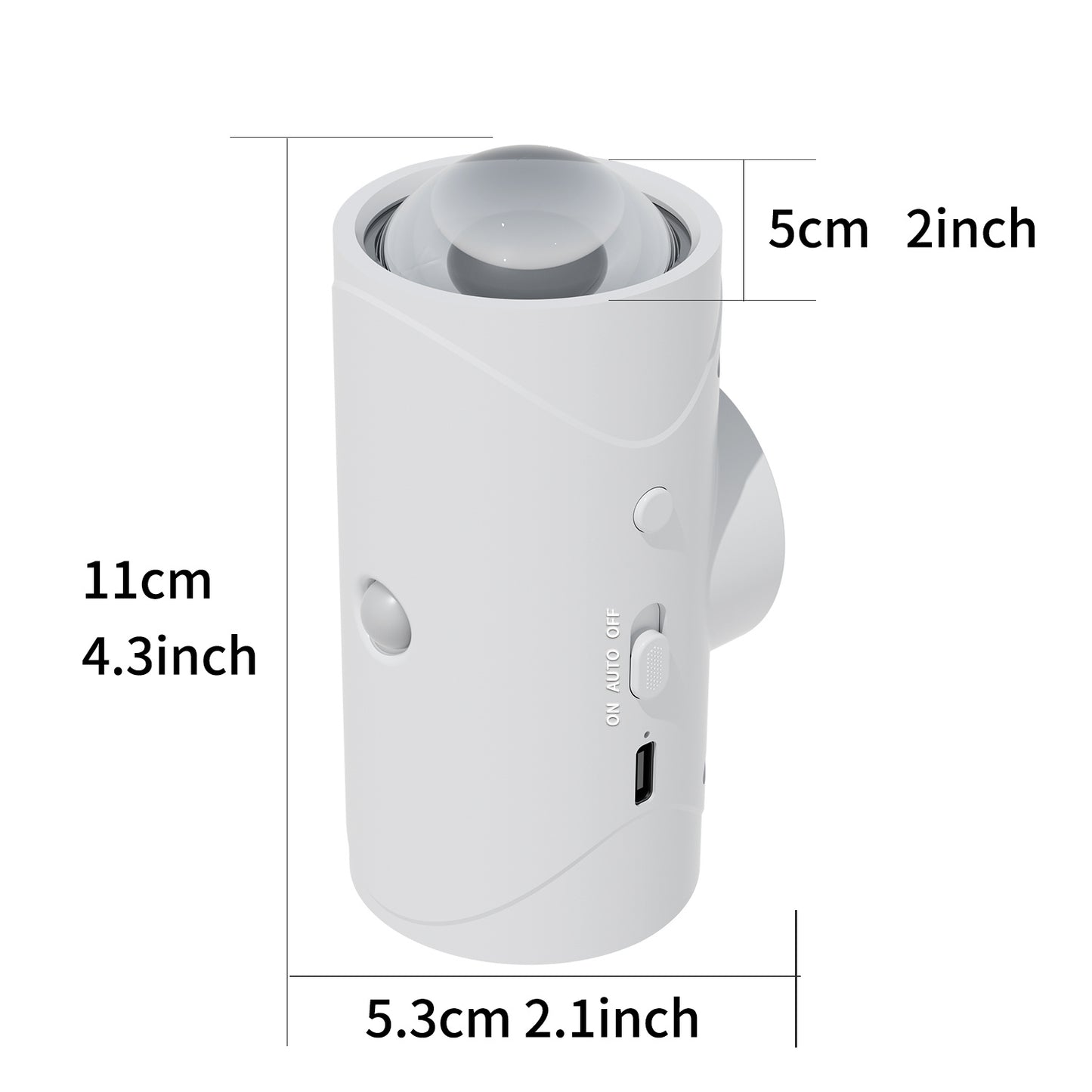White electronic device with dimensions labeled on a white background