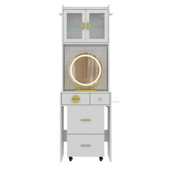3-Drawer, 2-Door Dressing Table Set with Large LED Round Mirror โ Elegant & Functional Vanity for Your Beauty Space