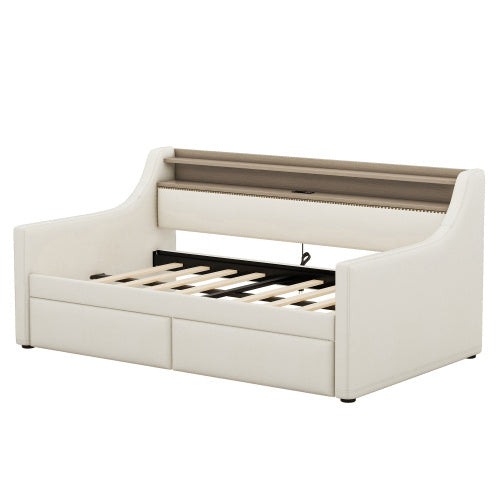 Twin Size Upholstered Daybed with Storage Drawers, LED Lights & Charging Station – Elegant Multifunctional Comfort