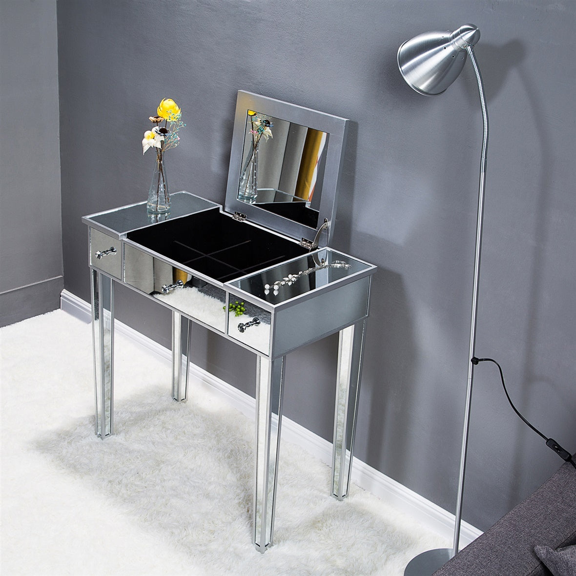 FCH Silver Computer Desk with Clamshell Mirror – Stylish & Functional Workstation