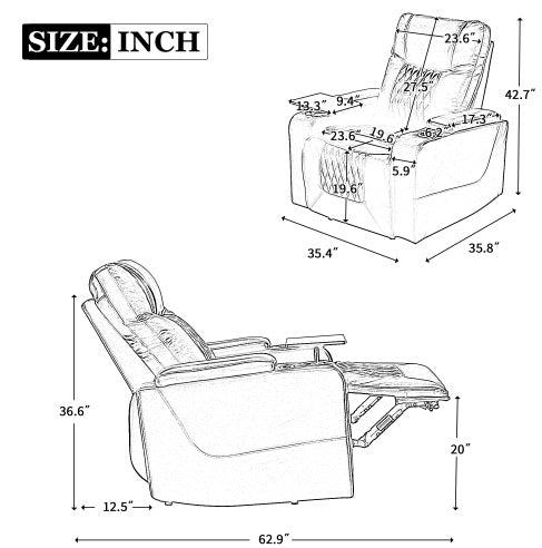 Power Motion Recliner with USB Charging Port, Hidden Arm Storage, and 360° Swivel Tray Table – Brown