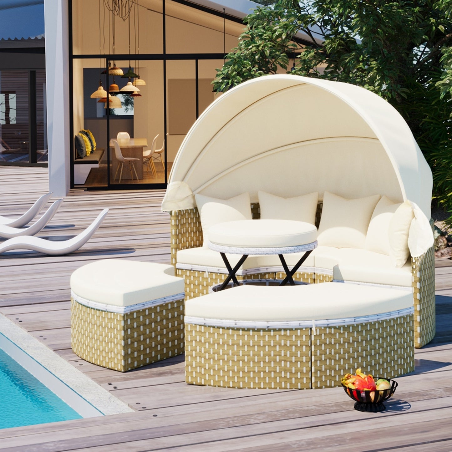 Luxury Outdoor Round Sectional Sofa Set | Premium Rattan Sunbed with Retractable Canopy