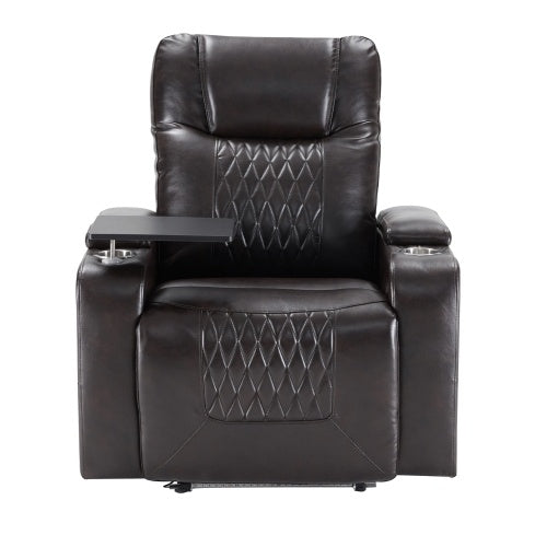Power Motion Recliner with USB Charging Port, Hidden Arm Storage, and 360° Swivel Tray Table – Brown