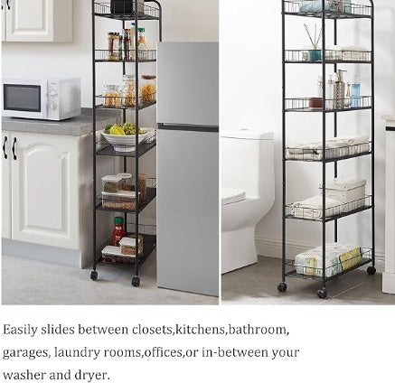 Viva Essentials Collection: 6-Tier Slim Rolling Shelf with Wheels
