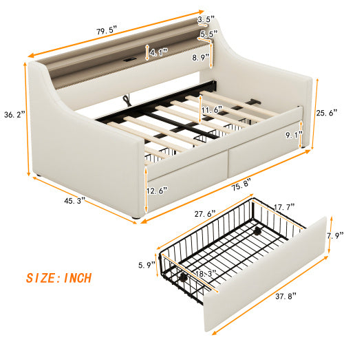 Twin Size Upholstered Daybed with Storage Drawers, LED Lights & Charging Station – Elegant Multifunctional Comfort