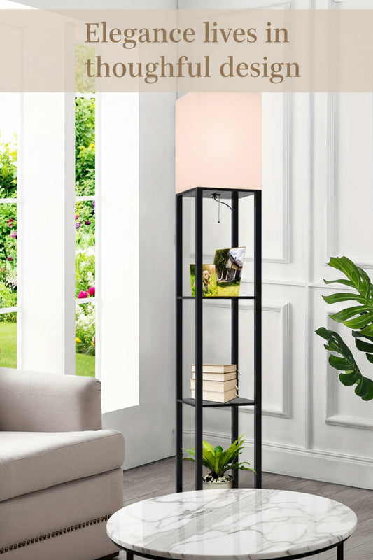 Floor lamp with shelf used in a bedroom setting