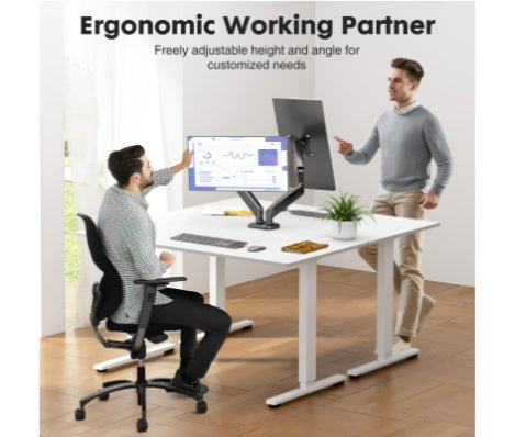 Dual monitor arm shown for VESA, desk and screen compatibility checks