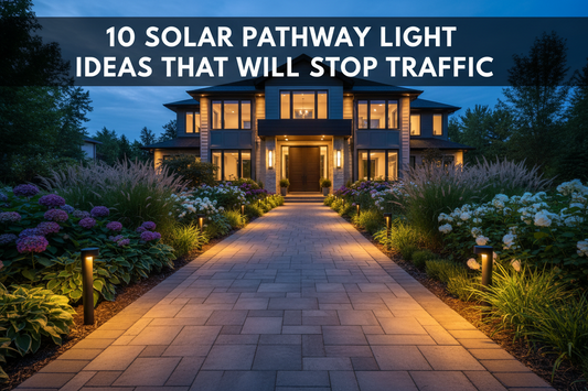 Front-yard walkway with solar pathway lights arranged in a clean repeating rhythm