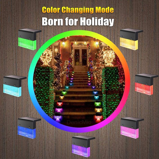 Color-changing solar step lights creating festive atmosphere on wooden deck
