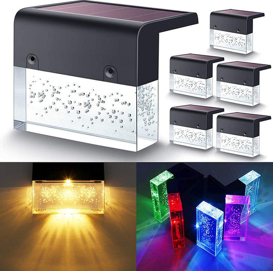 Color-changing solar step and fence lights illustrating RGB outdoor lighting