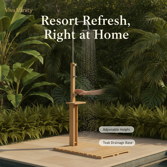 Freestanding outdoor pool shower with slatted base for an installation planning guide
