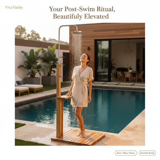 Freestanding outdoor pool and garden shower in an outdoor living setting
