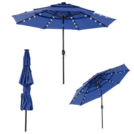 Solar patio umbrella being set up with attention to base, clearance and panel exposure
