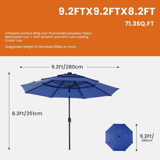 UPF 50+ patio umbrella canopy providing shade over an outdoor seating area