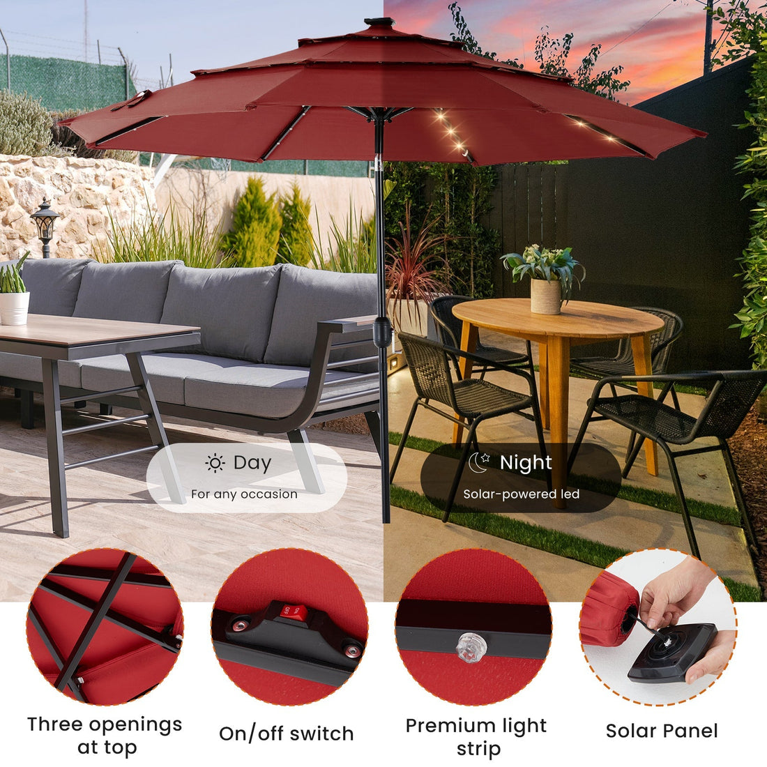 Solar patio umbrella with integrated LEDs illuminating an outdoor seating area