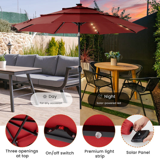 Solar patio umbrella LED system with panel and lights integrated along the ribs