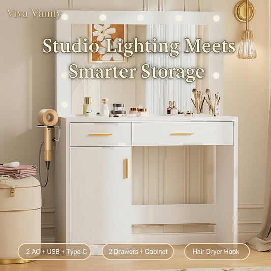 Makeup vanity table styled in a calm small bedroom