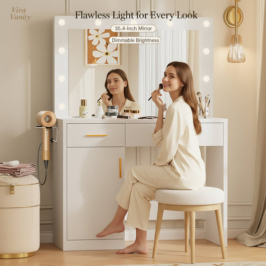 Vanity table with integrated mirror shown for comparison with a table-only setup