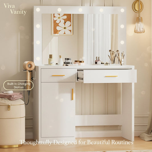 Makeup vanity drawers and cabinet organized for everyday beauty storage