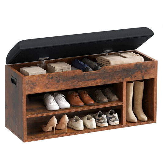 Shoe storage bench with hidden compartment and adjustable shelves in a compact entryway