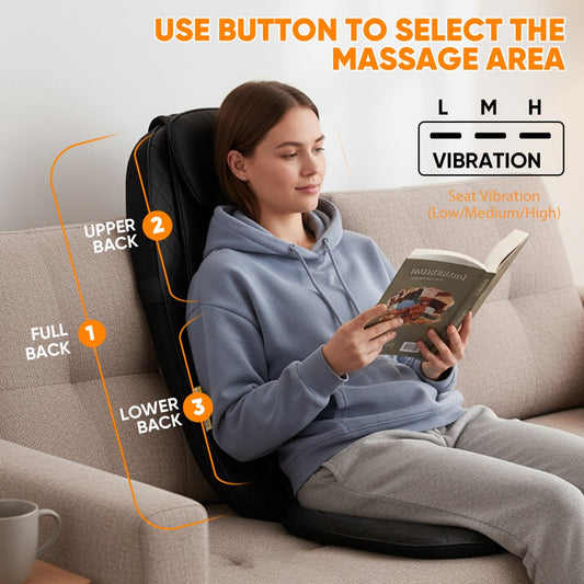 Back massager seat cushion positioned on a chair for a manual-first setup guide