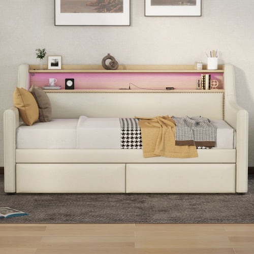 Beige upholstered bed with storage in a softly styled bedroom