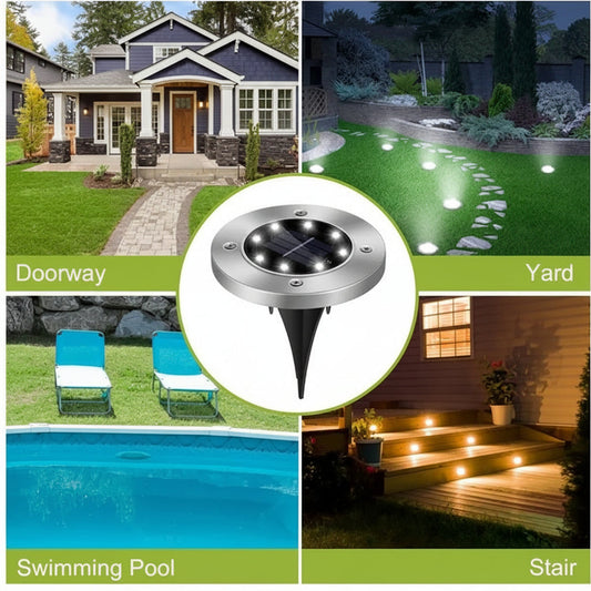 Solar in-ground disk lights along an outdoor pathway