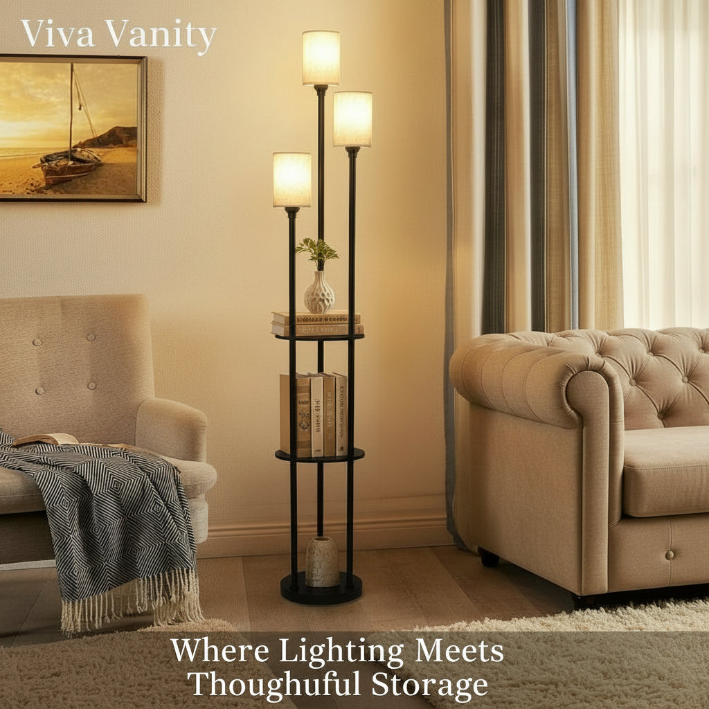 Three-tier shelf floor lamp beside a reading chair