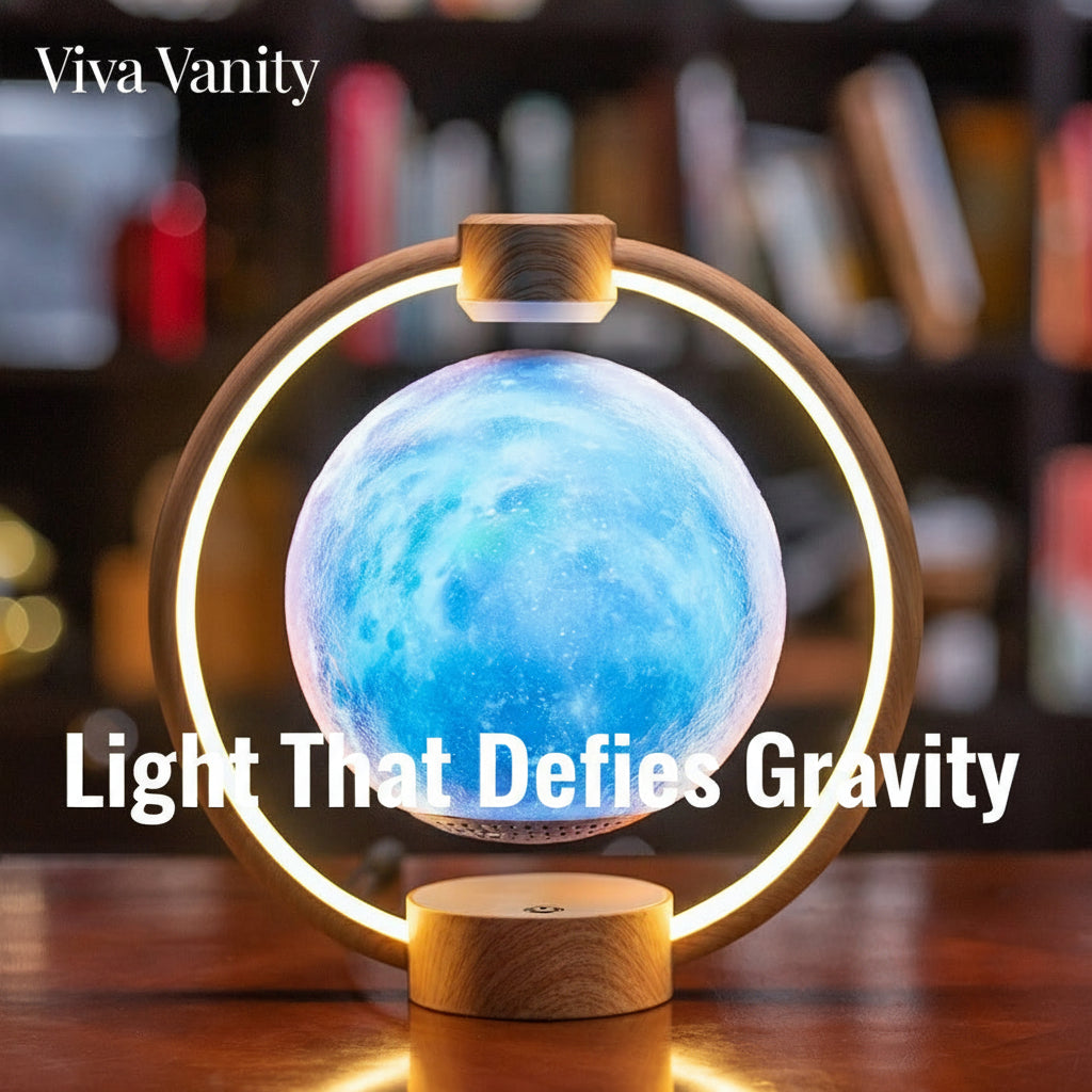 Floating moon-style lamp with ambient light above magnetic base