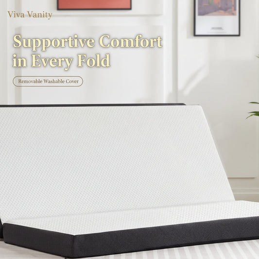 Tri-fold mattress in a flexible room that converts between everyday and guest use