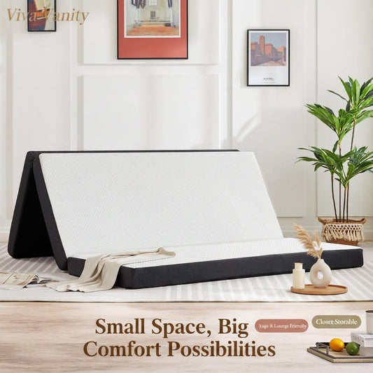 Tri-fold mattress opened for a temporary guest sleeping setup