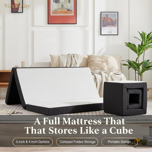 Foldable guest mattress illustrating a space-saving overnight setup