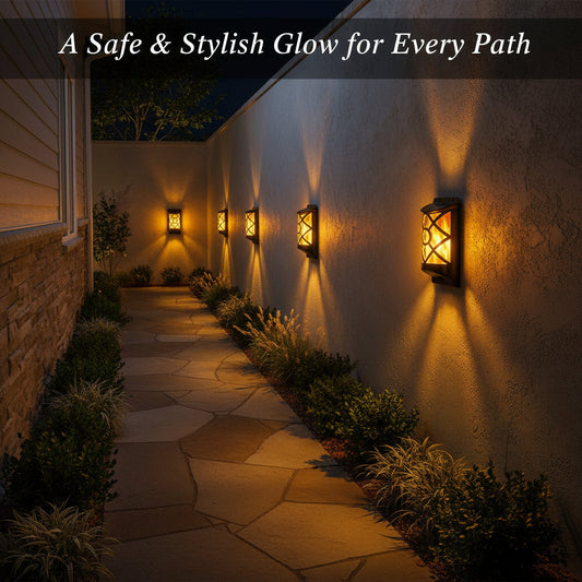 Viva Elite Solar Flame Wall Sconces on outdoor pathway - how to light backyard without electricity