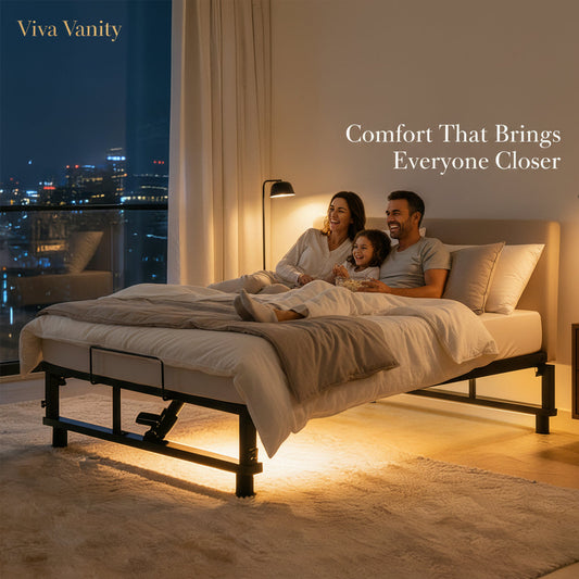 Queen adjustable bed base and wireless remote shown for an FAQ about features and setup