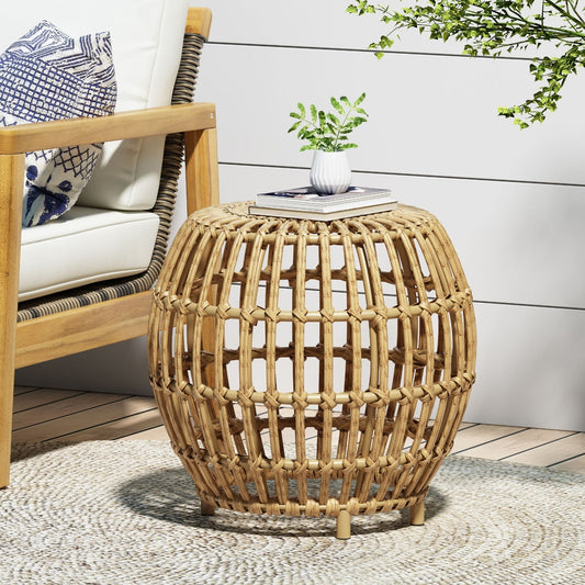 Light-brown round side table for a compact living-room layout