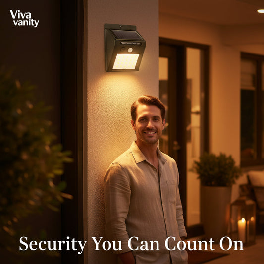 Compact 20-LED solar motion sensor wall light used in a Viva format comparison