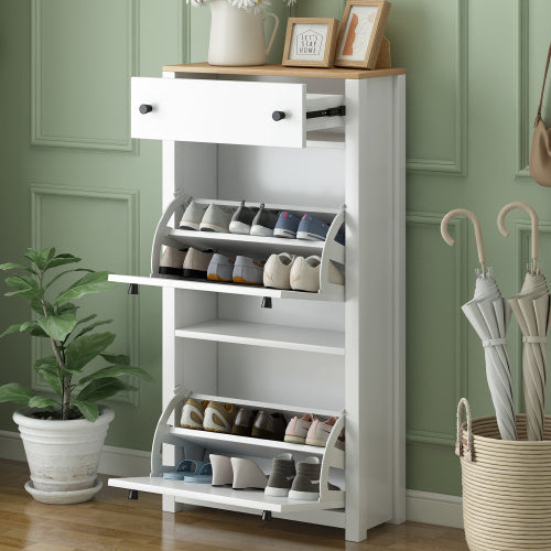 White flip-down shoe cabinet for a small entryway