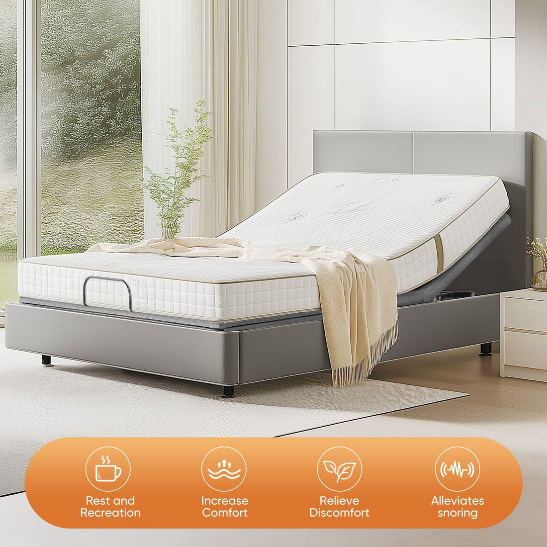 Viva Elite Adjustable Bed Base Frame - Gray Bed in Minimal Bedroom with Window and Plant - Lifestyle View