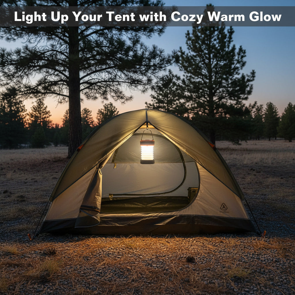 Viva Vanity Solar Camping Lantern - Tent with warm hanging LED light in a forest setting at night