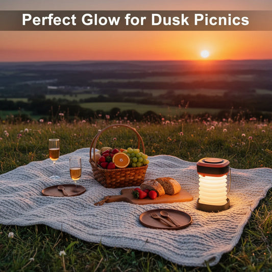 Viva Vanity Solar Camping Lantern - Picnic setup with lantern, food, and drinks on a blanket at golden hour