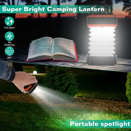 Portable LED camping lantern illuminating an outdoor reading area