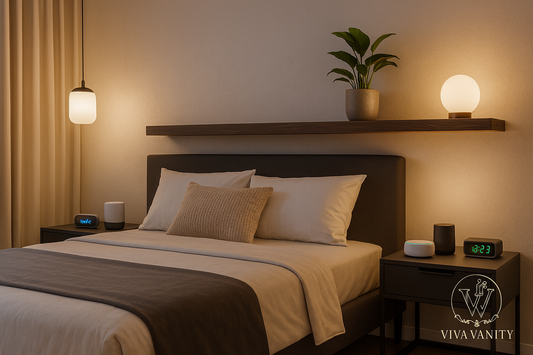 Modern bedroom layout with lighting, storage, charging, and connected controls