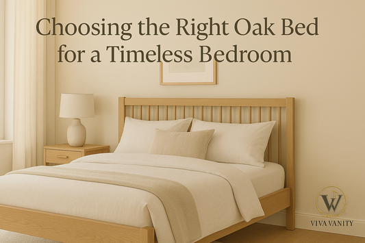 Warm wood-tone bed styled in a neutral bedroom
