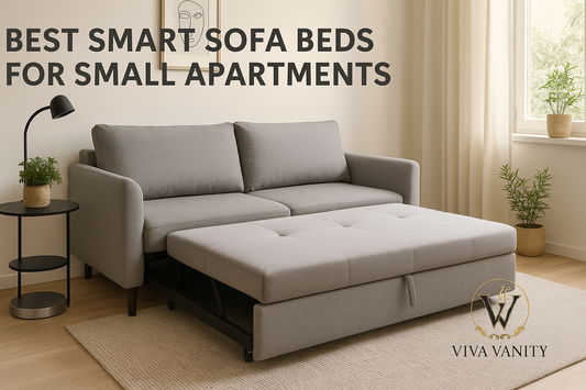 Compact sofa bed arranged in a small apartment living space