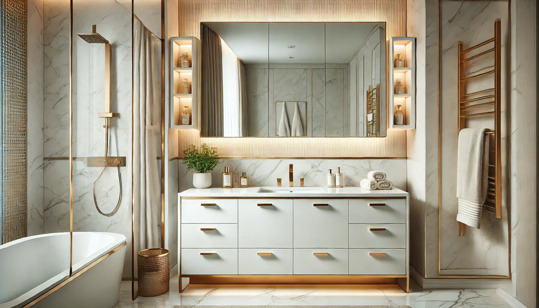 Luxurious modern bathroom featuring elegant vanity with marble countertop and organized medicine cabinet storage
