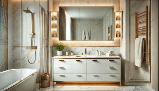Luxurious modern bathroom featuring elegant vanity with marble countertop and organized medicine cabinet storage